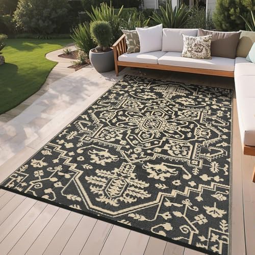 GAOMON 9x18 Outdoor Rug Waterproof for Patio Picnic Non Shedding Plastic Straw Reversible Large Outdoor Rug for Pool Trailer RV Portable Boho Vintage Floral Carpet Outside Decor, Black Brown - Image 2