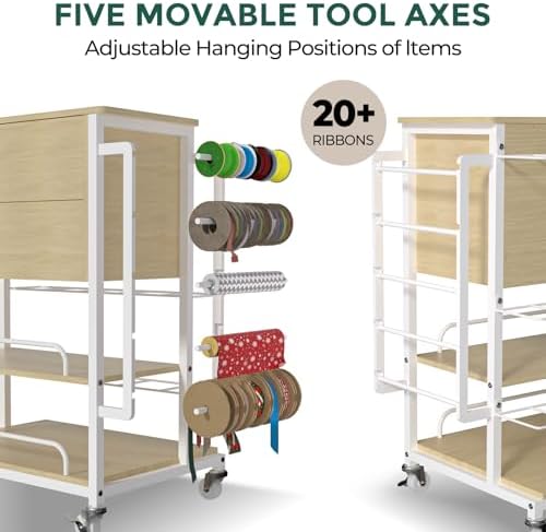 Wrapping Paper Storage & Organizer, Craft Cart with Ribbon & Gift Bag Storage, Wrapping Paper Organizer Holder(2 Wooden Drawers-Oak) - Image 7