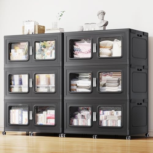 BROVIEW 330Gal Storage Bins, 1320Qt Extra Large Stackable Storage Box with Lids & Wheels - Heavy Duty Collapsible Plastic Cabinets, Open Front Door for Sundries in Home & Office, Black 6 Pack by BROVIEW-EnjoytheArtofLife