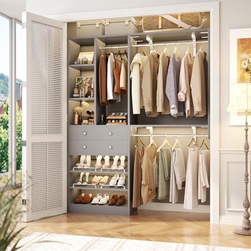 Closet System with 2 Drawers - Reversible 5FT Wood Closet Organizer System with 3 Hanging Rods and Adjustable Shelf Shoe Rack, Morandi Grey - Image 2