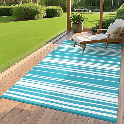 Outdoor Plastic Straw Rug 9x18 Waterproof Outside Rug, Large Modern Striped Reversible Floor Mats, Foldable & Lightweight Camping Carpet for Patio, Porch, Deck, Backyard, Balcony, Light Blue - Image 2
