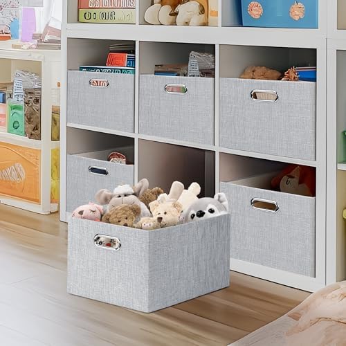Posprica Closet Organizers and Storage, 4 Pack Large Linen Storage Bins, Decorative Shelf Storage Baskets for Organizing, Foldable Fabric Storage Box for Clothes, 15x10.5x8.25 Inch(Grey) - Image 3