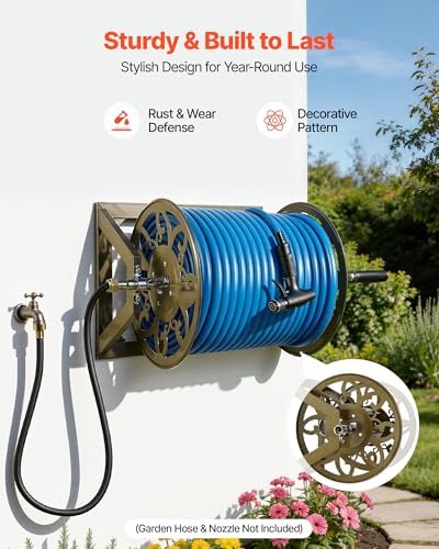 VEVOR Wall Mounted Garden Hose Reel, Holds 200 Feet of 5/8-inch Hose, Outdoor Heavy-Duty Waterhose Holder Winder, with Brass Connector, Decorative Pattern, Bronze Finish, for Backyards and Gardens - Image 4