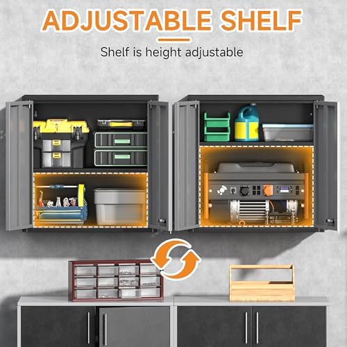 Metal Garage Wall Cabinet with 2 Doors and 1 Adjustable Shelf,Lockable Floating Tool Cabinet with Pegboard,Steel Storage Cabinet for Kitchen,Office,Garage,Laundry,Warehouse(Black&Gray, 26"H) - Image 4