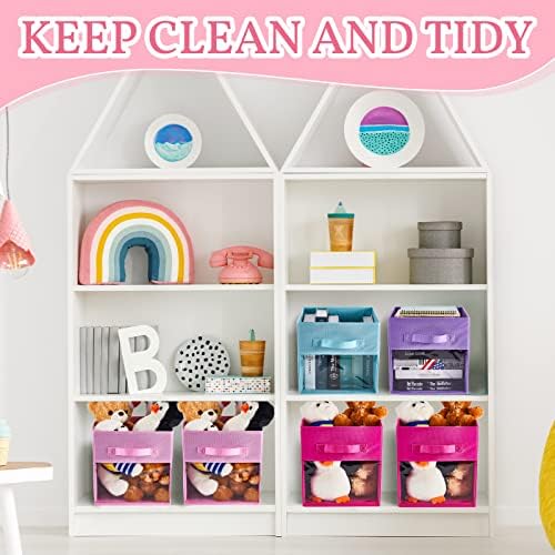 Marsui 12 Pcs Clear Cube Storage Bins 11 Inch Pink Collapsible Kids Storage Bins Fabric Classroom Organizer with Window for Kid Playroom Room Daycare Nursery(Blue, Purple, Rose, Pink) - Image 3