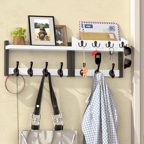 29'' White Coat Rack Wall Mount with Shelf, Solid Wood Coat and Key Hanger with 11 Metal Hooks, Farmhouse Wall Organizer for Mail, Entryway Wall Hangers for Hats, Clothes, Backpacks, Mudroom by Unknown