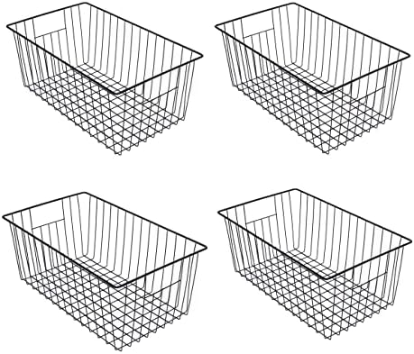 16inch Freezer Wire Storage Organizer Baskets, Refrigerator Metal Bins with Handles for Kitchen, Pantry, Cabinet, Closets - Set of 4 (Black 4) by lonpute