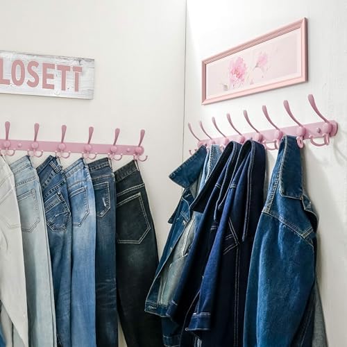 Dseap Coat Rack Wall Mount - 29.5” Long 8-Tri-Hooks Heavy Duty Coat Hanger Rail Wall Hooks for Hanging Coats Hats Clothing Clothes Purse Mudroom Entryway, Pink - Image 5