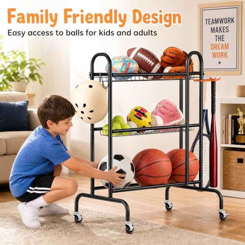 EXTCCT Basketball Rack with Wheels, 3 Tier Garage Ball Storage Organizer - Image 3