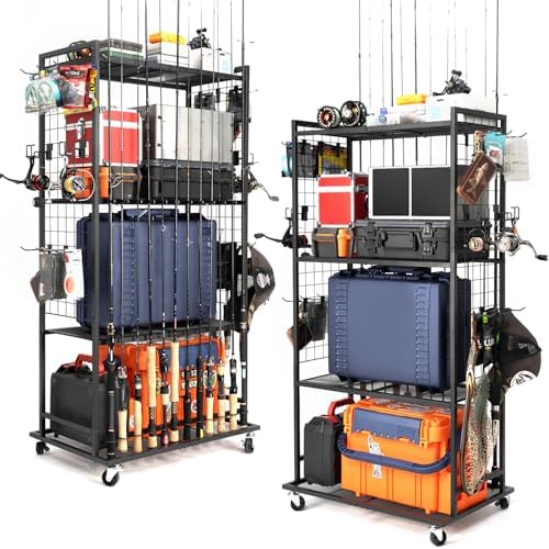 SOYEEZE Fishing Rod Holder for 12 Rods, Rolling Fishing Pole Holders for Garage, 4 Tier Adjustable Fish Rod Rack with Lockable Wheels for Tackle Box, Fishing Supplies, a Display Fish Gear Gift for Man by SOYEEZE