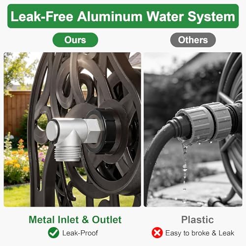 Garden Hose Reel Wall Mount Metal, Holds 125 ft x 5/8" Decorative Water Hose Holder for Outside Storage, Heavy Duty Aluminum Frame w/Shelf, No-Leak Aluminum Water System, Easy Assmbly, Dark Bronze - Image 5