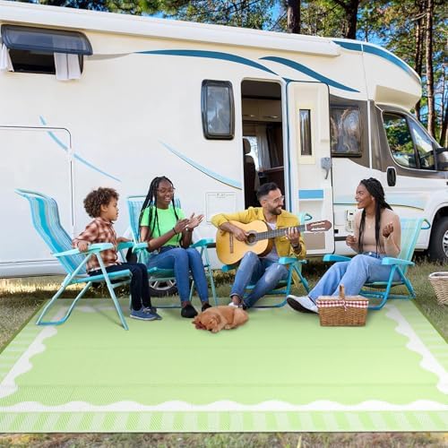 Garvee 9x12 Outdoor Rug, Scalloped Border Waterproof Camping Rugs, Green - Image 3