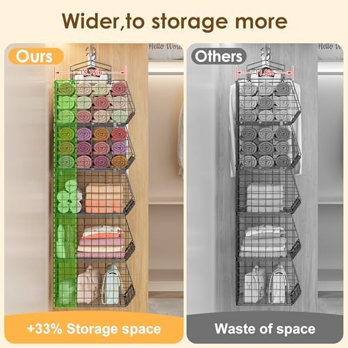 Capacity Upgrade Edition Deeper 4'' 5 Tier Foldable Hanging Closet Organizer and Storage，Wire Cabinet Shelves and Rack with 5 S Hooks,Stackable Metal Basket Bins for Clothes Shoe Purse,Black - Image 6