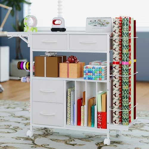 Wrapping Paper Storage Cart with Foldable Table, 3 Tier Gift Wrap Organizer - Image 7