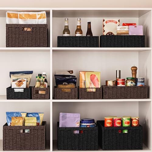 UBBCARE 2 Pack Wicker Basket, 16.5L×13H×7.5W inch Woven Paper Rope Storage Baskets for Shelves, Foldable Rectangular Storage Baskets with Handle, Storage Basket for Organizing, Black - Image 5
