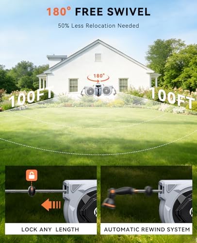SUNPOW Retractable Garden Hose Reel - 1/2" x 100ft Wall Mounted Hose Reel with 3/4'' Brass Fitting & 10-Pattern Nozzle - Auto Slow Retraction, Any-Length Lock, 180°Swivel for Lawn & Gardening - Image 4