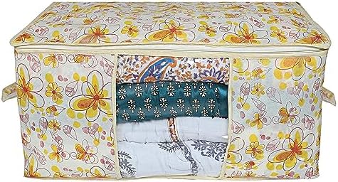 Kuber Industries Foldable Underbed Storage Bag|Organizer For Clothes Large|Non-Woven Comforter, Blanket Cover|Metalic Print & Side Handle|Pack of 6 (Cream) - Image 3
