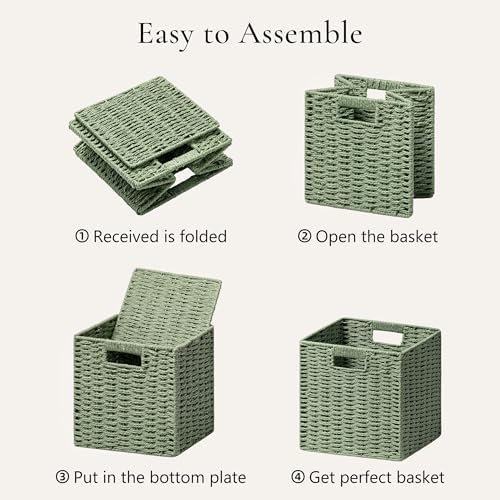 UBBCARE 3 Pack Wicker Basket, 11L×11H×10.5W inch Woven Paper Rope Storage Baskets for Shelves, Foldable Cube Storage bin with Handle, Storage Basket for Organizing & Decor, Green - Image 7