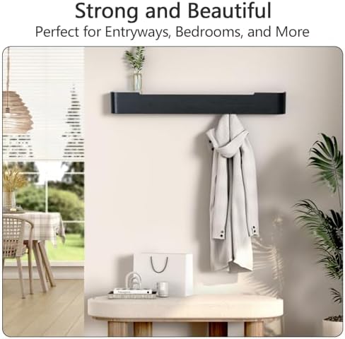 Coat Rack Wall Mount with Shelf 8 Hidden Hooks Modern Wooden Key Holder Entryway Organizer for Hallway Bedroom Bathroom Home Decor Storage for Hanging Coats Hats Bags Towels, Black - Image 5