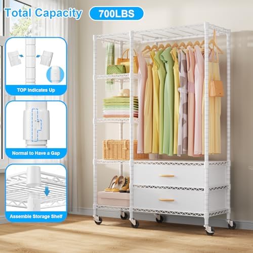 Ulif F3R Heavy Duty Clothes Rack（With Lockable Wheels）Freestanding Clothing Racks for Hanging Clothes，Adjustable Closet Organizer System，Portable Garment Rack 40"W x 15"D x 74"H，Max Load 700LBS，White - Image 5