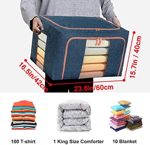 Large Capacity Clothes Storage Bags,Stackable Storage Organizer with Foldable Metal Frame, Zipper, Handles, Clear Window, Navy, 3 Pack) - Image 2