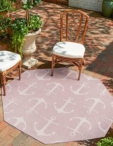Unique Loom Outdoor Coastal Collection Area Rug - Ahoy (5' 3" Octagon, Pink/ Ivory) by UniqueLoom