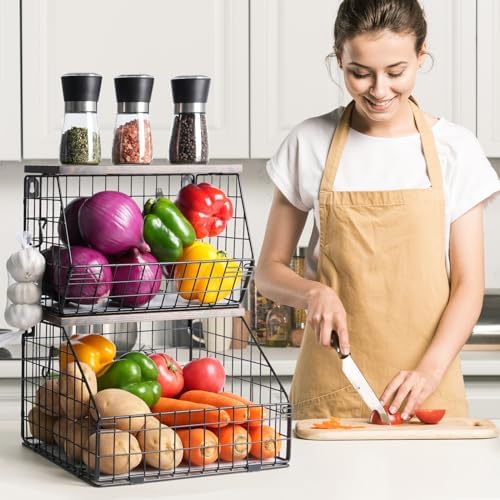 Mefirt Fruit Basket, Stackable Wall Mounted Fruit Baskets, Potato Baskets Onion Storage for Kitchen, Hanging Wire Basket with Wood Lid, 2-Tier Vegetable Organizer Kitchen Countertop Organization - Image 4