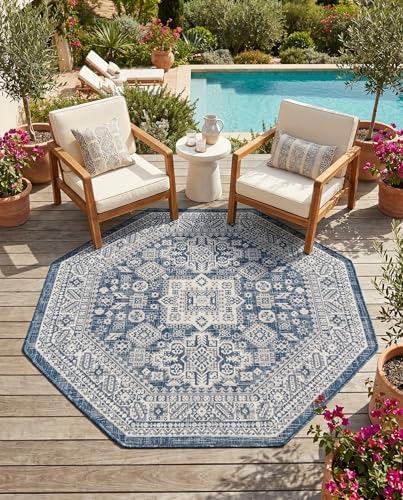Rugs.com - Outdoor Aztec Rug – 5 Ft Octagon Blue Indoor/Outdoor Rug – Weather Resistant Flatweave for Patio, Deck, and Porch - Image 6