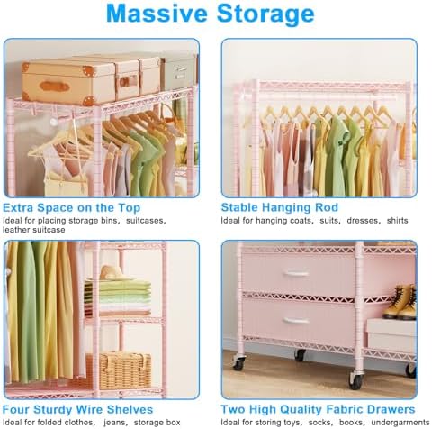 Ulif F3R Heavy Duty Clothes Rack（With Lockable Wheels）Freestanding Clothing Racks for Hanging Clothes，Adjustable Closet Organizer System，Portable Garment Rack 40"W x 15"D x 74"H，Max Load 700LBS，Pink - Image 6