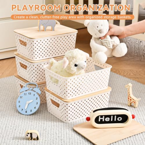 8 Pack Small Plastic Storage Bins with Bamboo Lids, Stackable Plastic Storage Baskets for Organizing with Handles, Organizer Bins with Labels for Room, Craft, Containers for Classroom Storage - Image 5