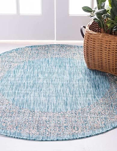 Unique Loom Outdoor Border Collection Area Rug - Floral Border (13' Round, Aqua/ Ivory) - Image 4