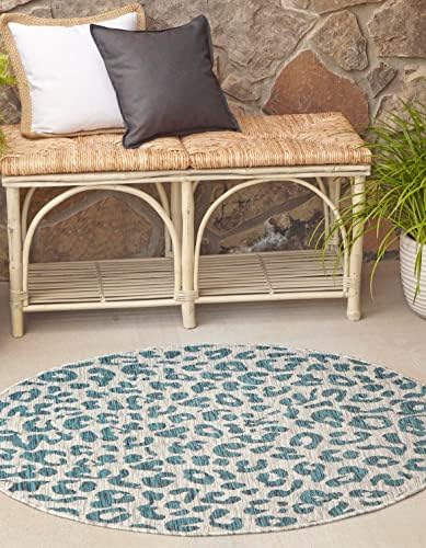 Unique Loom Outdoor Safari Collection Area Rug - Leopard (13' Round, Teal/ Ivory) by UniqueLoom