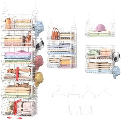 6 Tier Extra Large Hanging Closet Organizer, Closet Storage Hanging with Dividers, Wire Closet Shelf with 5 S Hooks 4 Dividers,Sweater Handbag Hat Accessory Storage Hanger,White by Jautokerdar