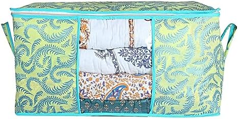 Kuber Industries Foldable Underbed Storage Bag|Organizer For Clothes Large|Non-Woven Comforter, Blanket Cover|Leaf Print & Side Handle|Pack of 6 (Green) - Image 3