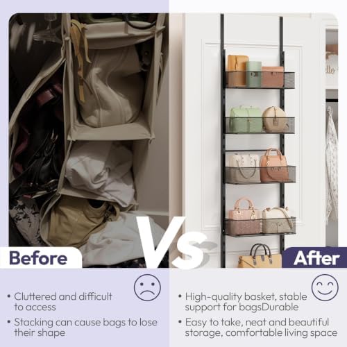 SWTYMIKI Over The Door Purse Organizer - Wall Mounted Purse Rack with 6 Adjustable Metal Basket, Hanging Bag Rack for Handbag Organizer, Bag Storage Can Use As 1/2 Part, for Door - Image 5