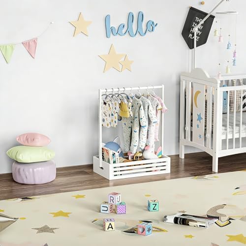 BAMBOOHOMIE Baby Clothing Rack for Toddler, Pets Clothes Rack with Storage Box & Adjustable Hanging Rod for Dogs/Cats, Baby Shower Clothes Closet Rack with Handle for Nursery Room (White, Baby) - Image 5