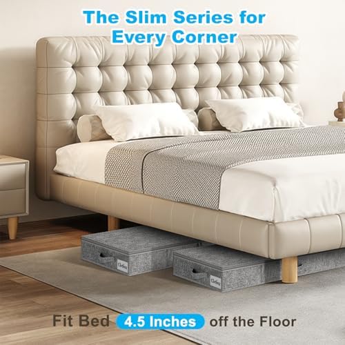 Under Bed Storage Container Bin 4 Pack, 4.5 Inch Slim Low Profile Underbed Clothes Storage Organizer for Dorm & Home, Use for Blanket and Toy Storage Box W/ Sturdy Bottom/Sides, Foldable Thick Fabric - Image 2