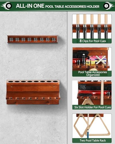 EXTCCT Wall Mount Pool Stick Holder - Billiards Pool Cue Rack Hardwood Pool Cue Set Holder for 8 Cues Sticks Storage Pool Table Accessories Equipment Organizer - Image 4