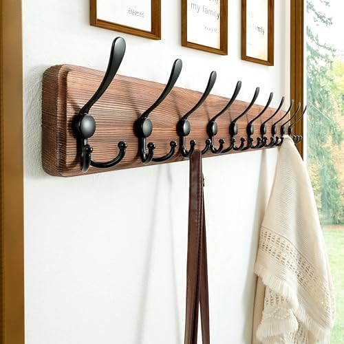 Dseap Coat Rack Wall - Heavy-Duty 38-1/4" Long, with Reinforced 10 Custom Tri-Hooks, Solid Wood Wall Hanger for Coats Hat Jackets - Rustic Farmhouse Entryway Storage, Natural & Black, Pack of 2 - Image 2