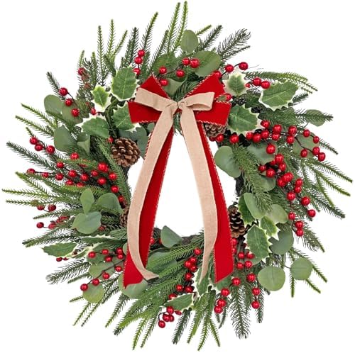 Front-Door Christmas Wreaths with Bow: 24 Inch Red Berry Pine Wreath Comes with Storage Bag - Durable Outdoor Winter Wreath Creating Warm Xmas Vibes - Easy Storage & Gifts Ready Instantly by Unknown
