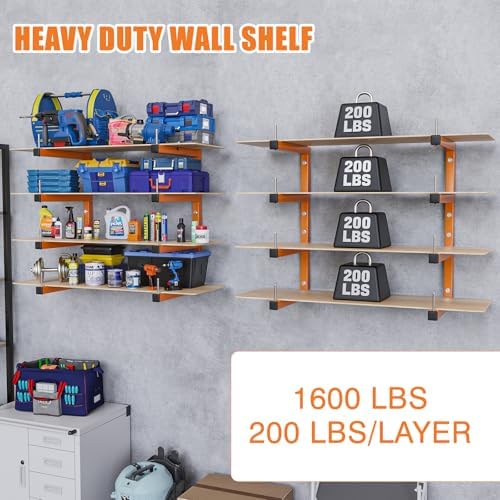 4-Pack Lumber Storage Rack, Wood Storage Racks Wall Mount, Heavy Duty Garage Wood Organizer With 8-Level System, Orange Utility Rack Organization Up 1600 Lbs, Metal Lumber Shelf for Indoor & Outdoor - Image 4