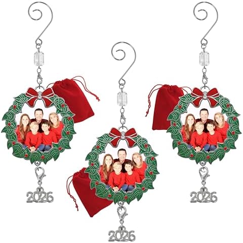 Family Christmas Ornament 2026 Set of 3, Holiday Wreath Picture Frame Ornaments with Dated 2026 Charm, 3 Inch Keepsake Photo Holder Ornaments for Tree, Gift Storage Bag Included by BANBERRYDESIGNS