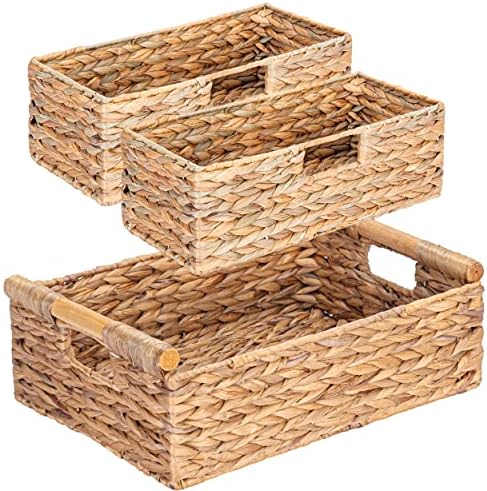 VATIMA Large Water Hyacinth Storage Baskets for Organizing with Wooden Handles for Shelves, 2 Bathroom Small Basket, Water Hyacinth Toilet Paper Baskets, Set of Natural Wicker Storage Basket for Home by VATIMA