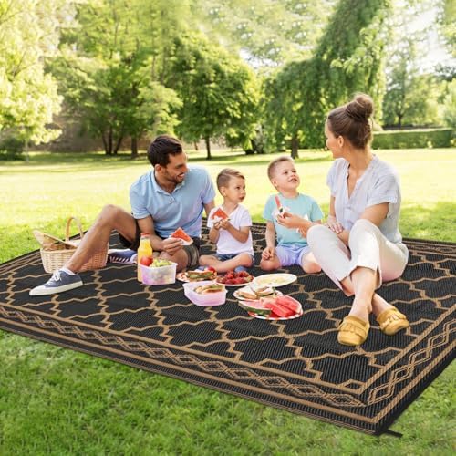 GlowSol Outdoor Rug Waterproof 10x14 ft Large Reversible Outdoor Plastic Straw Patio Rugs,Foldable Camping Rug with Carry Bag, RV Mat Outside Rugs for Patio,Picnic,Balcony,Deck,Backyard,Black/Brown - Image 6