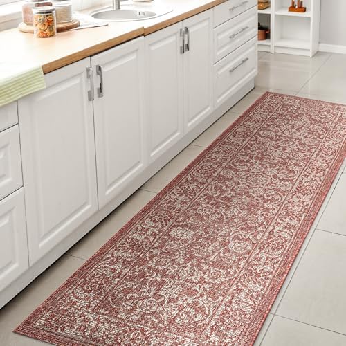JONATHAN Y Weave Floral Indoor Outdoor Runner Rug 2X8 Red/Taupe, Tela Bohemian Textured for Backyard, Patio, Porch, Easy-Cleaning, High Traffic, Pet-Friendly, Non-Shedding (SMB100A-28) by JONATHANY