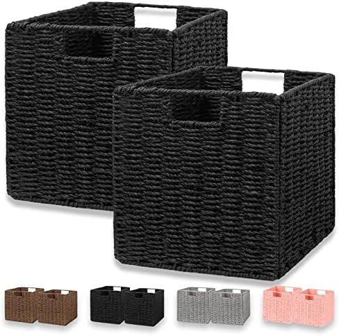 Vagusicc Wicker Storage Basket, Set of 2 Hand-Woven Wicker Basket, Foldable Cube Storage Bin, Black Storage Basket, Square Storage Baskets for Organizing Shelves & Decor, Black (11″×11″×11″) by Vagusicc