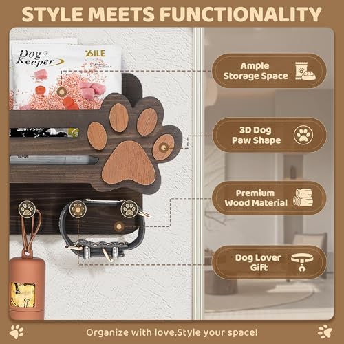 MTERSN Dog Leash Holder for Wall with Floating Shelf & 6 Hooks, Dark Brown - Image 6