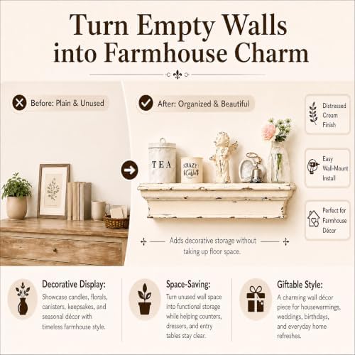 23.6 Inch Distressed White Wall Shelf, Rustic Farmhouse Floating Shelf - Image 5