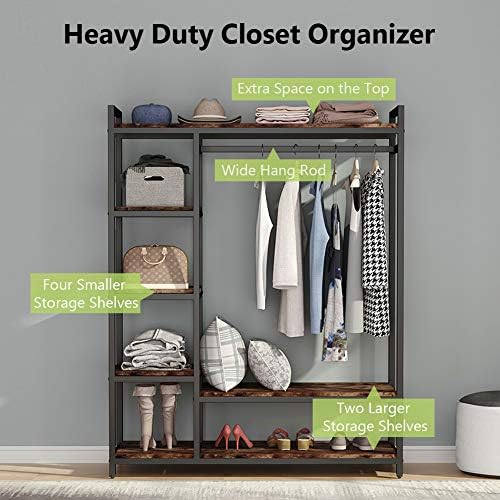 LITTLE TREE Free Standing Wood Closet Clothes Rack,Heavy Duty Grament Rack with Shelves,Hanging Racks for Clothes Clothing Rack for Bedrom,Wardrobe Closet Organizer,350 lb Capacity,Rustic - Image 4