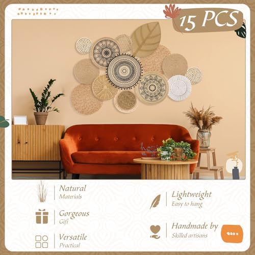 15 Pcs Boho Wall Basket Decor Woven Rattan Seagrass Wall Decor Hanging Rustic Farmhouse Round Handmade Wicker Decoration, Western Art for Living Room Kitchen Bedroom Home Nursery - Image 4